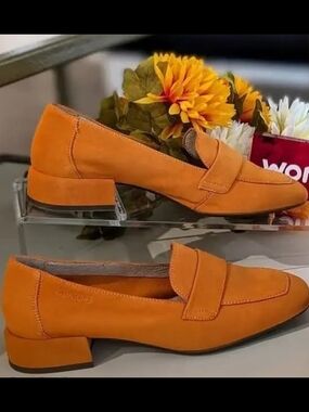 Women’s Orange Suede Penny Loafers with Low Block Heel